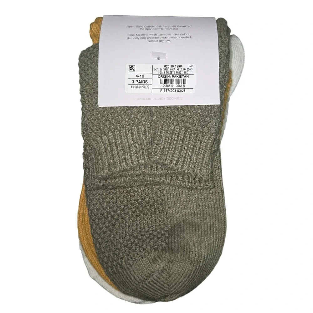 Auden Womens Textured Stitch Ankle Socks 3pk Ivory Gold Olive Shoe Size 4-10